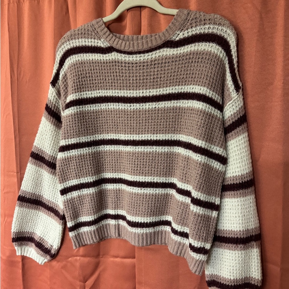 Striped Knit Sweater - Mauve and White